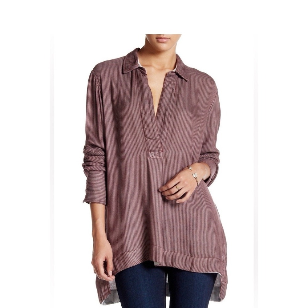 Free People Striped High Low On the Road Tunic Top V-Neck Long Sleeve Blouse